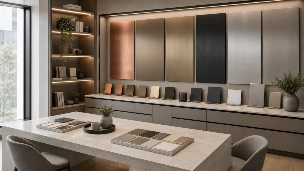 Home material gallery with copper, bronze, stainless, charcoal, and champagne metal panels, stone table, blank trays, and plants.