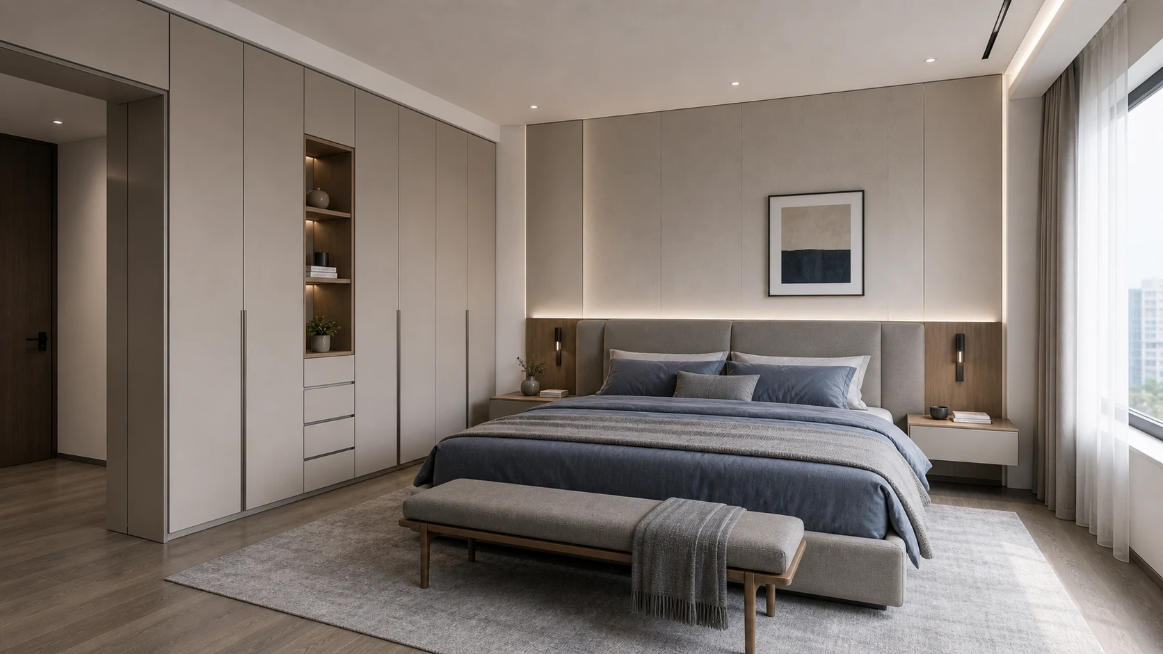 Integrated bedroom furniture system with walnut wardrobes and upholstered bed
