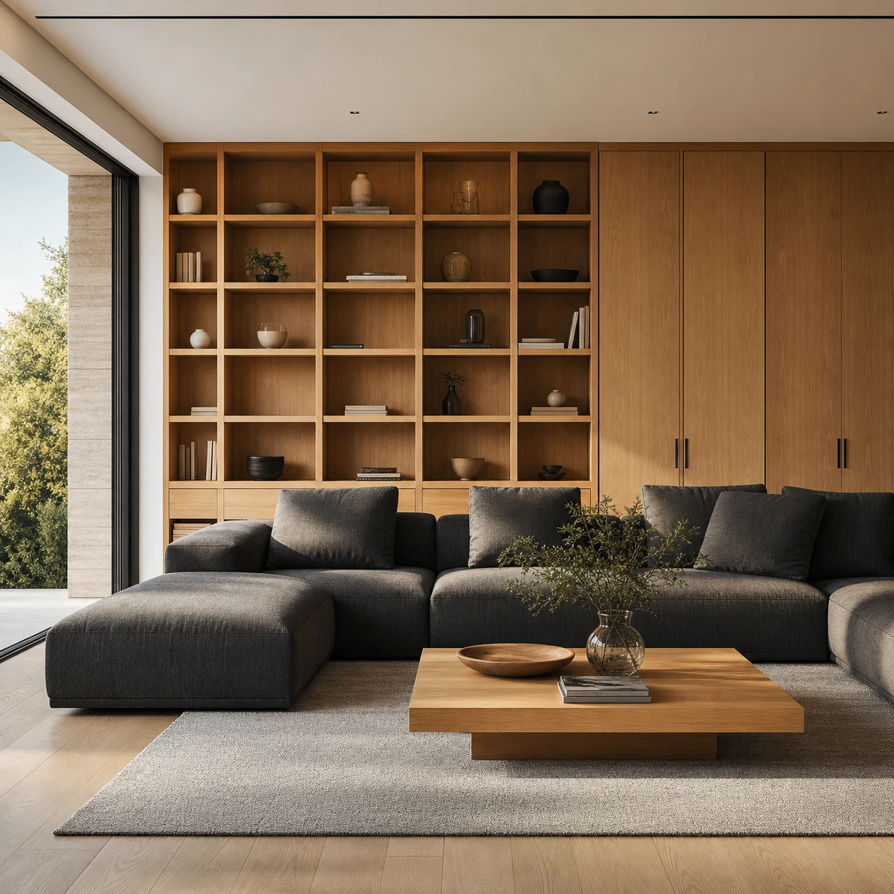Charcoal modular sofa with oak wall shelving in a modern living room