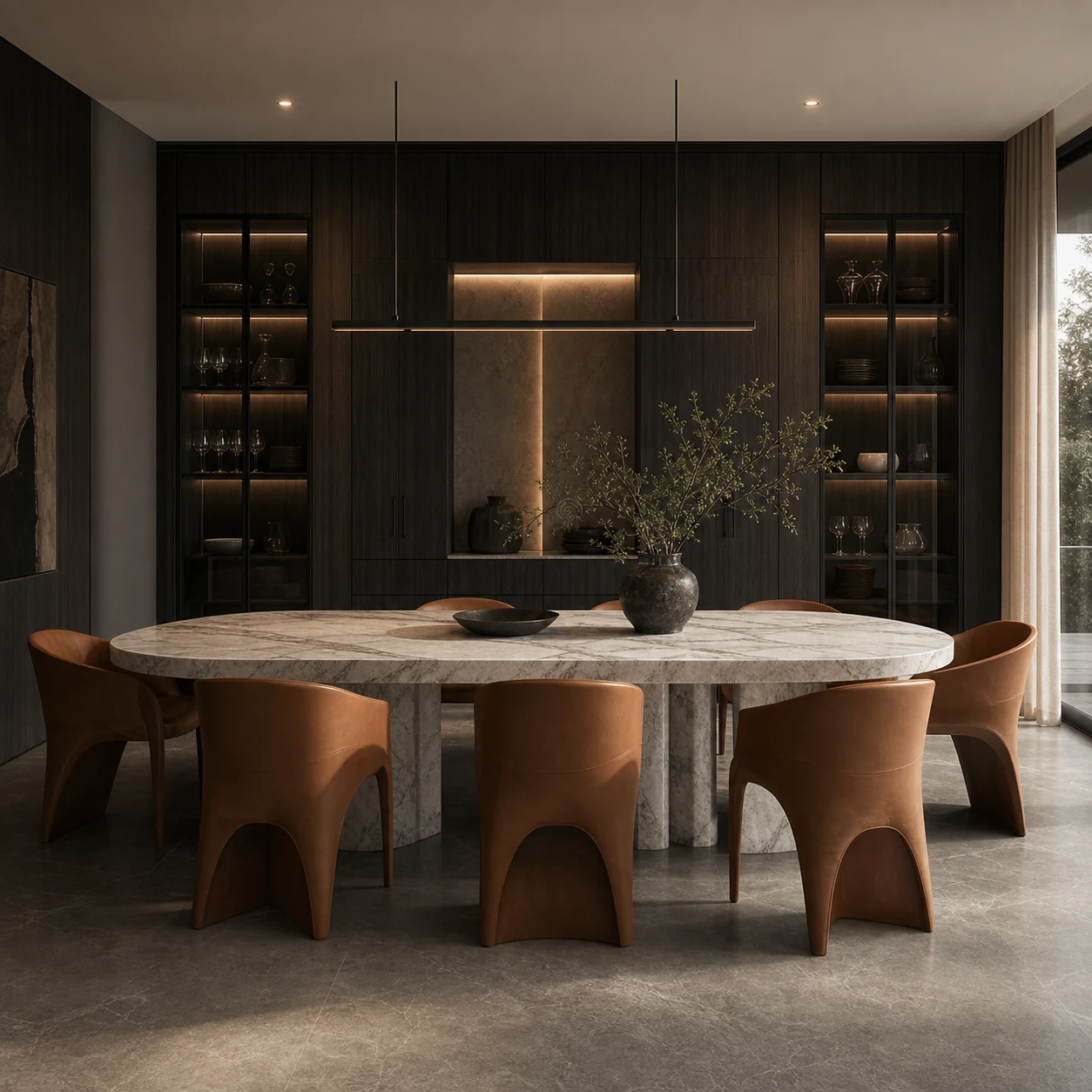 Marble dining table with dark wood cabinetry and leather chairs