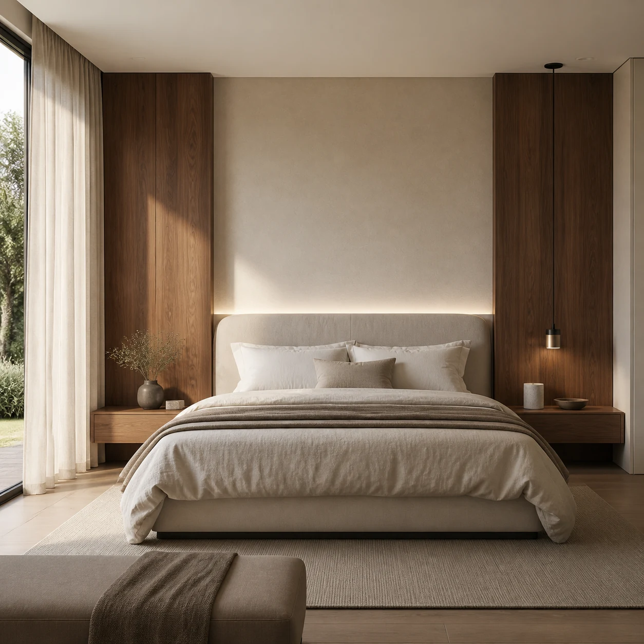 Walnut bedroom furniture system with upholstered bed and bedside panels