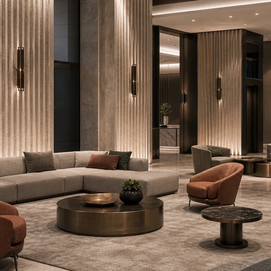 Hotel lobby lounge with sculptural seating and custom furniture groupings