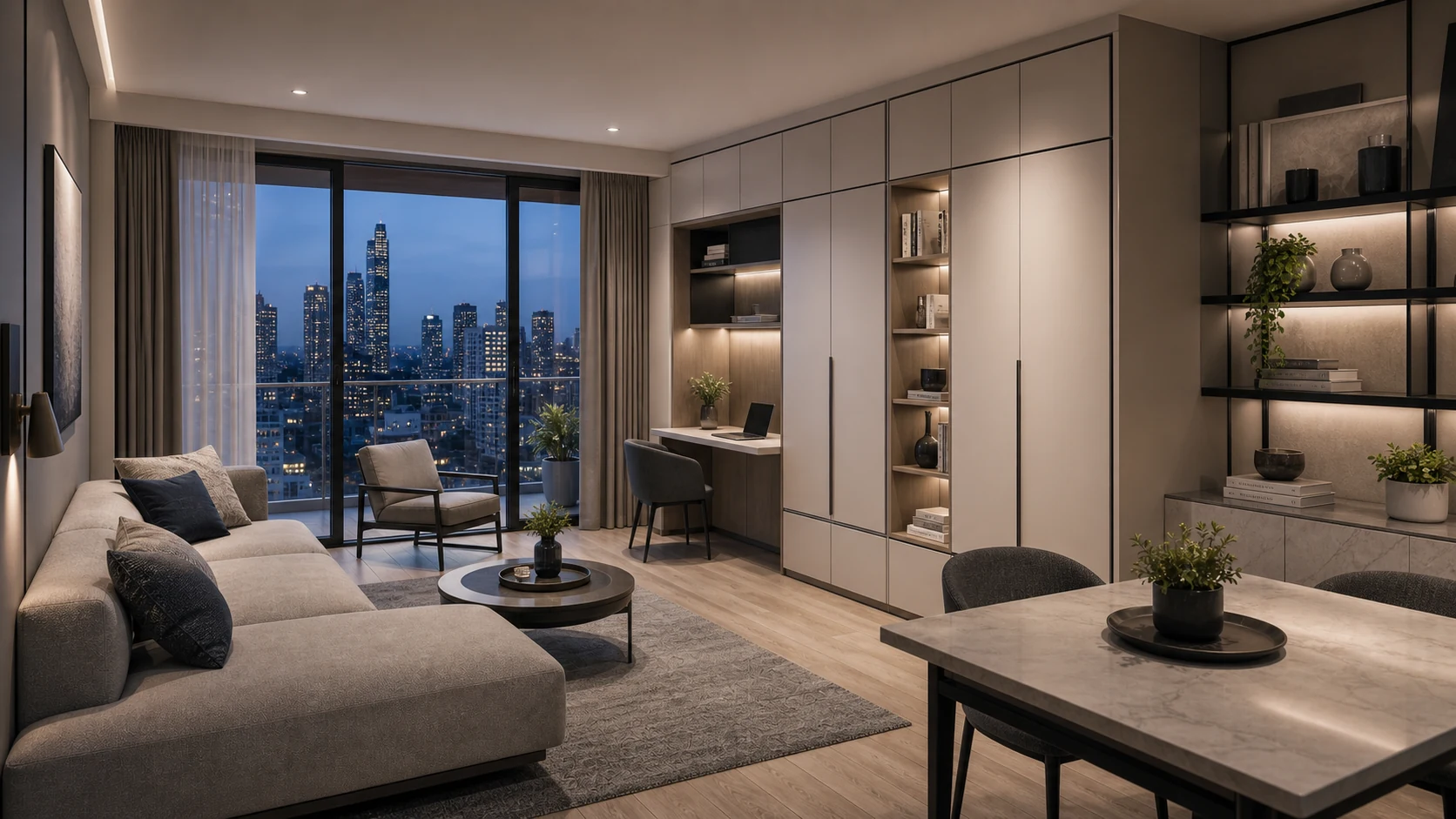 Urban apartment with integrated storage and space-efficient furniture