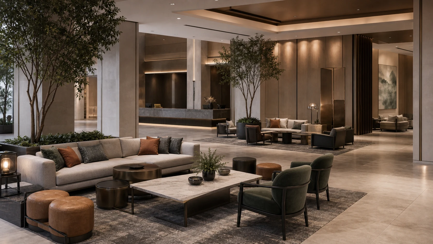 Hospitality lobby with custom lounge seating and social furniture clusters