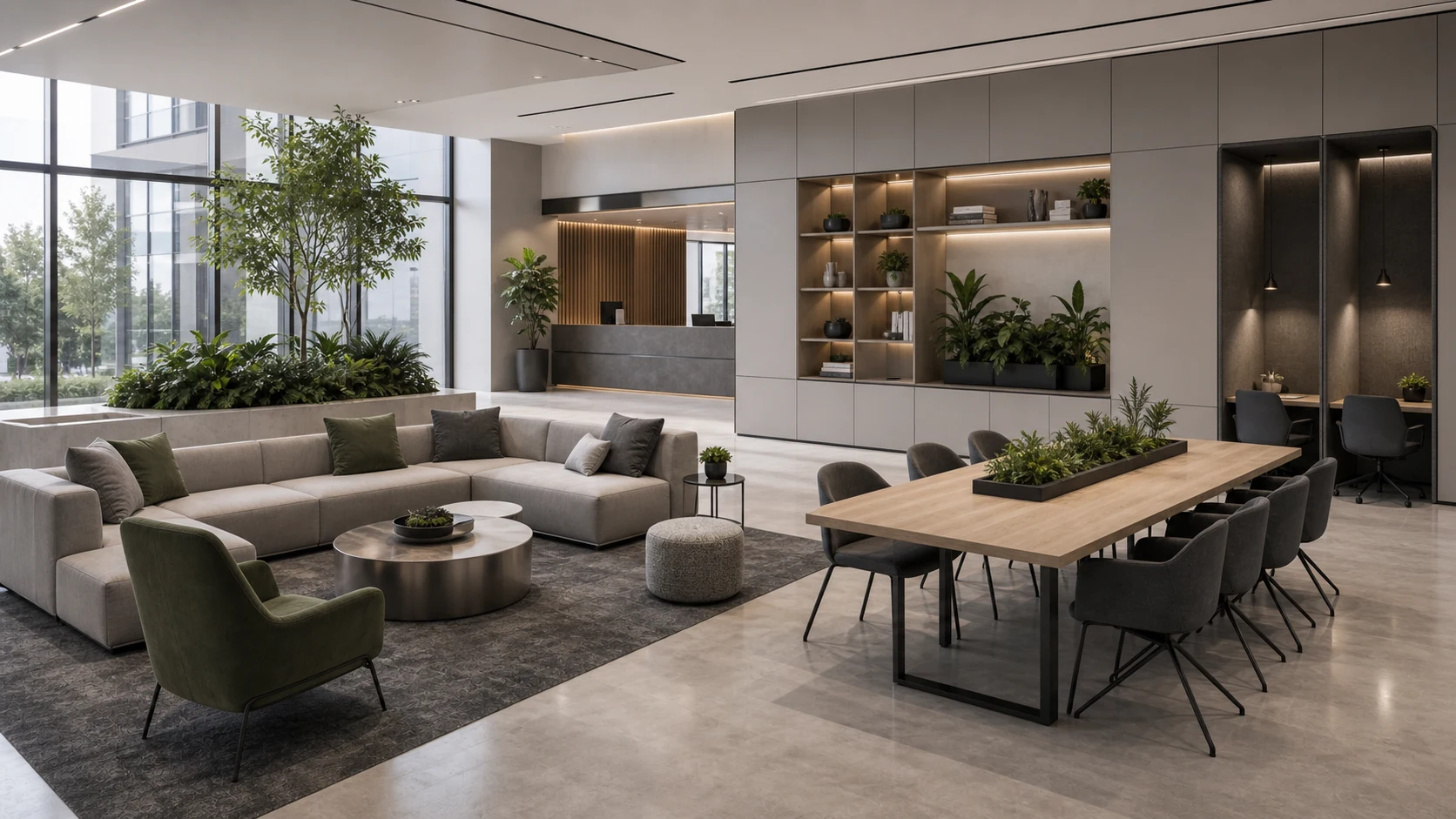 Corporate lobby with collaborative furniture and integrated greenery