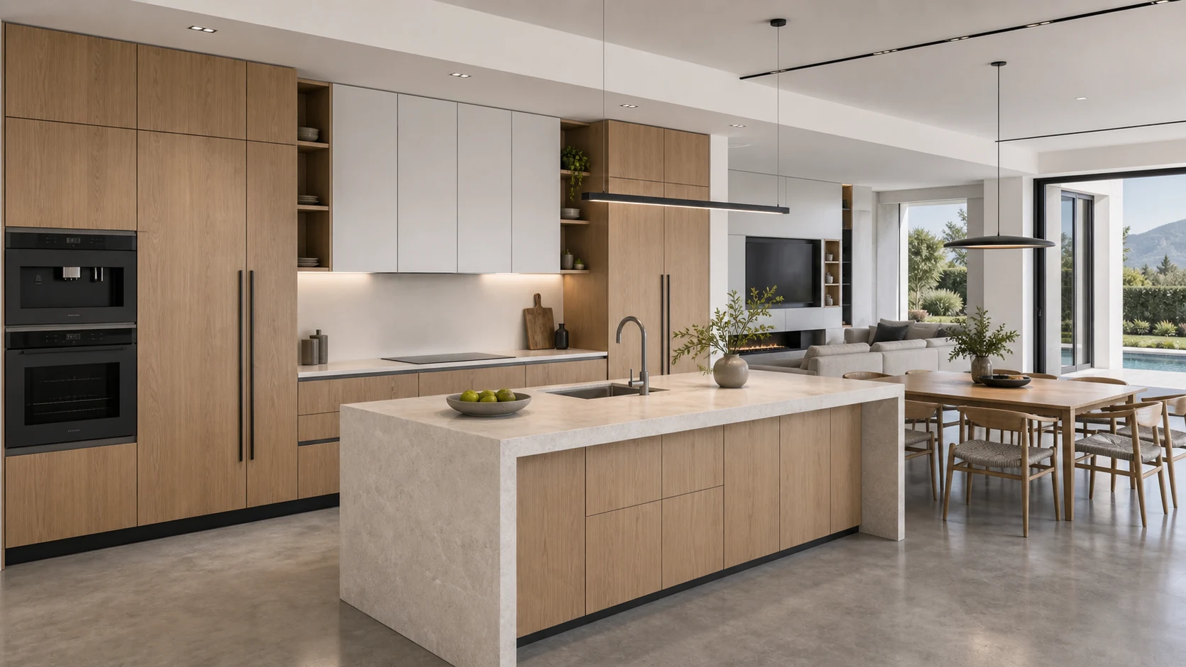 Open-plan villa kitchen with warm oak cabinetry, white walls, concrete floor, and stone island