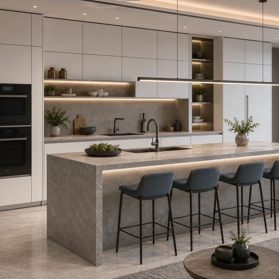 White matte kitchen with gray limestone island and integrated shelf lighting