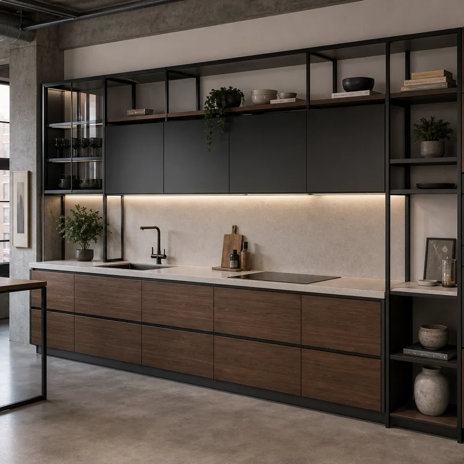 Linear loft kitchen with black steel frame and walnut drawer fronts