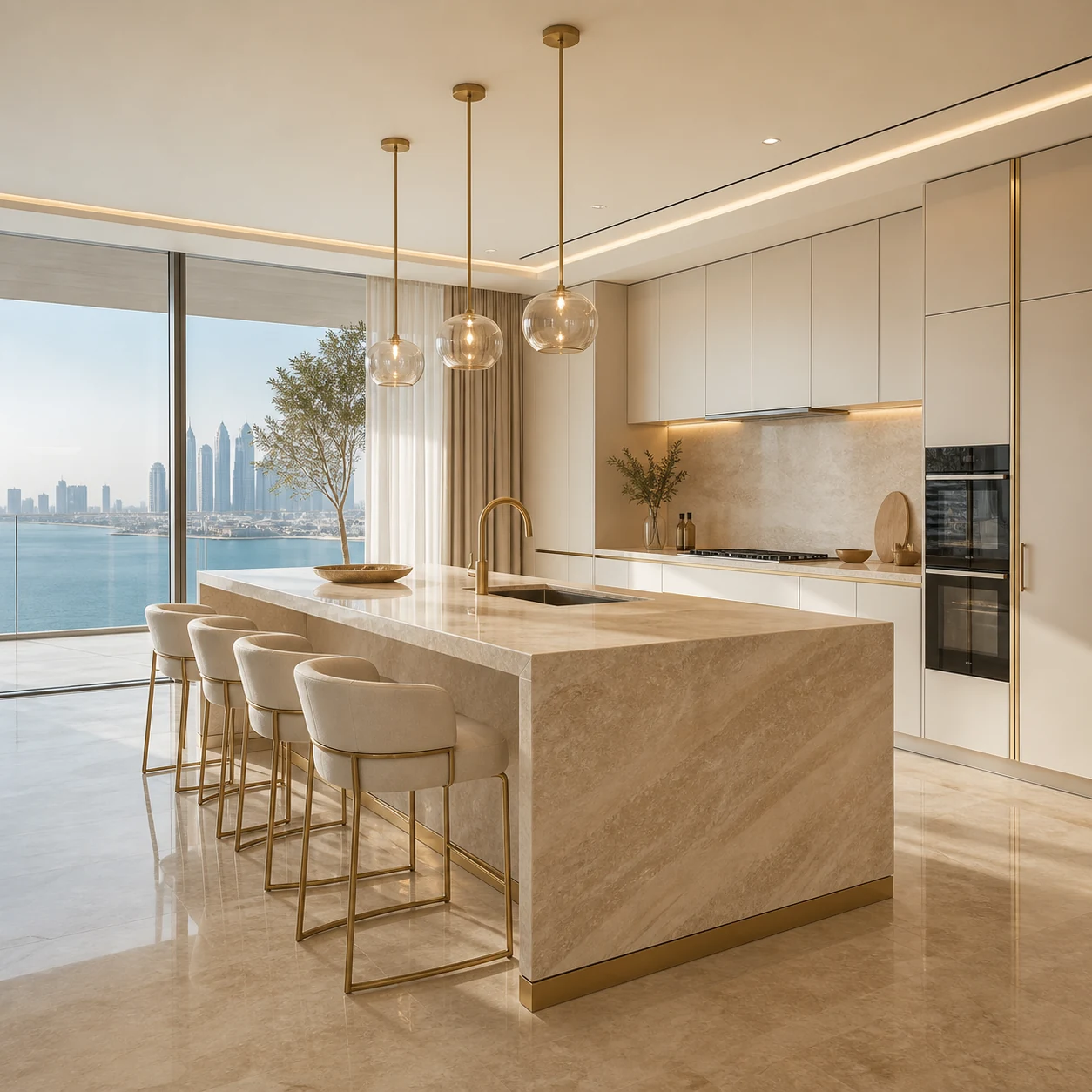 Waterfront kitchen with light stone island, white cabinetry, and warm metal details