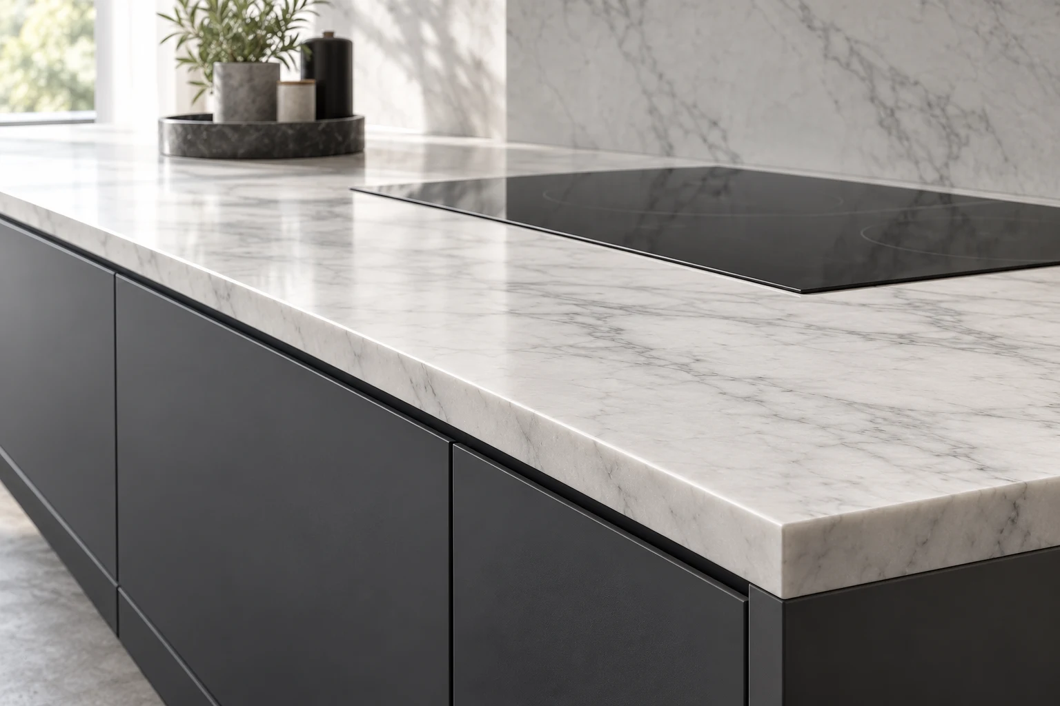 Light stone-look kitchen countertop with subtle grey veining, a black induction cooktop and charcoal cabinet fronts.