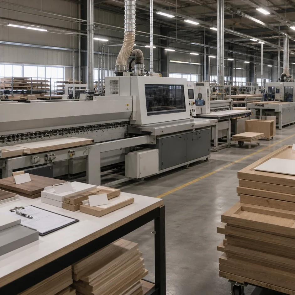 Cabinet production facility with automated woodworking equipment and organized material stacks