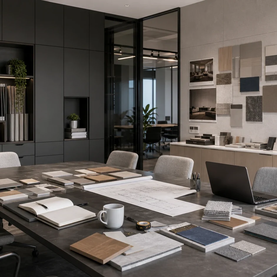 Material planning workspace with finish samples, drawings, and dark cabinetry