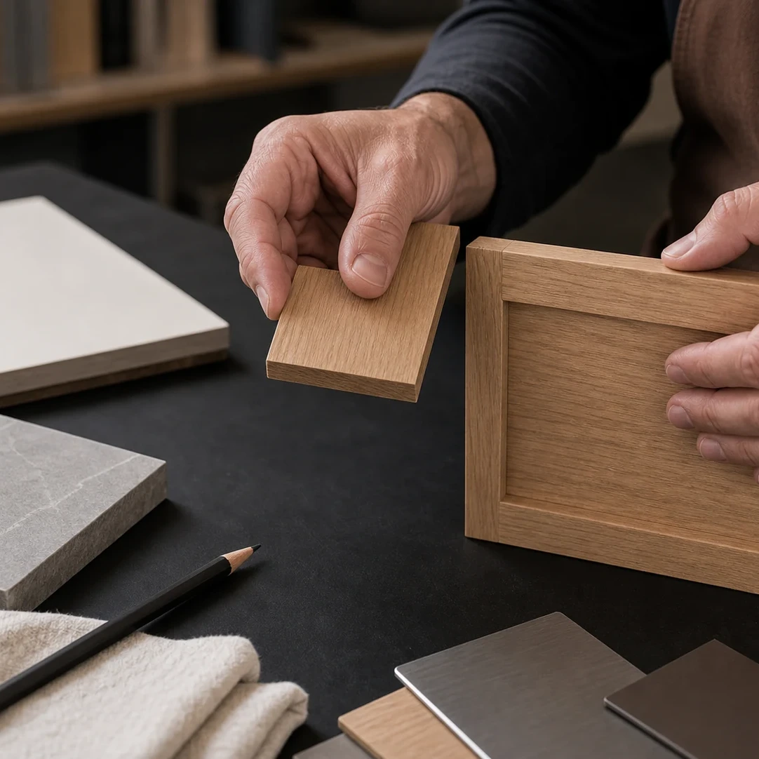 Craftsperson comparing wood samples and cabinet door finishes at a worktable