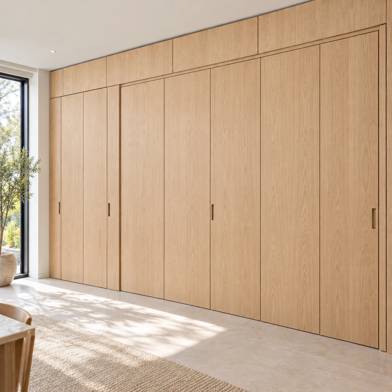 Single-wall concealed kitchen with the full-height light wood front panels closed.
