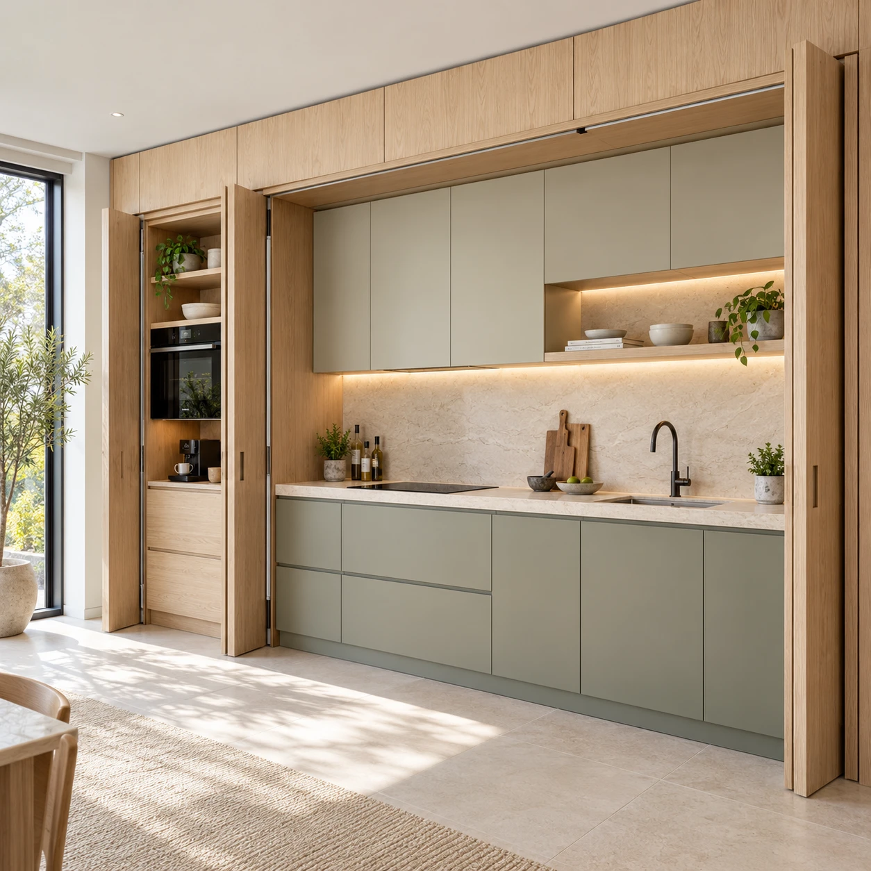 Open concealed kitchen with light wood pocket doors, grey-green cabinets, a pale stone-look worktop and an integrated appliance bay.