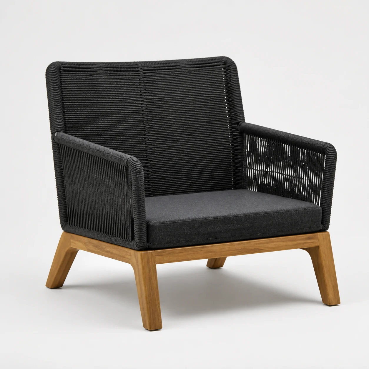 Black woven rope outdoor lounge chair with a teak frame