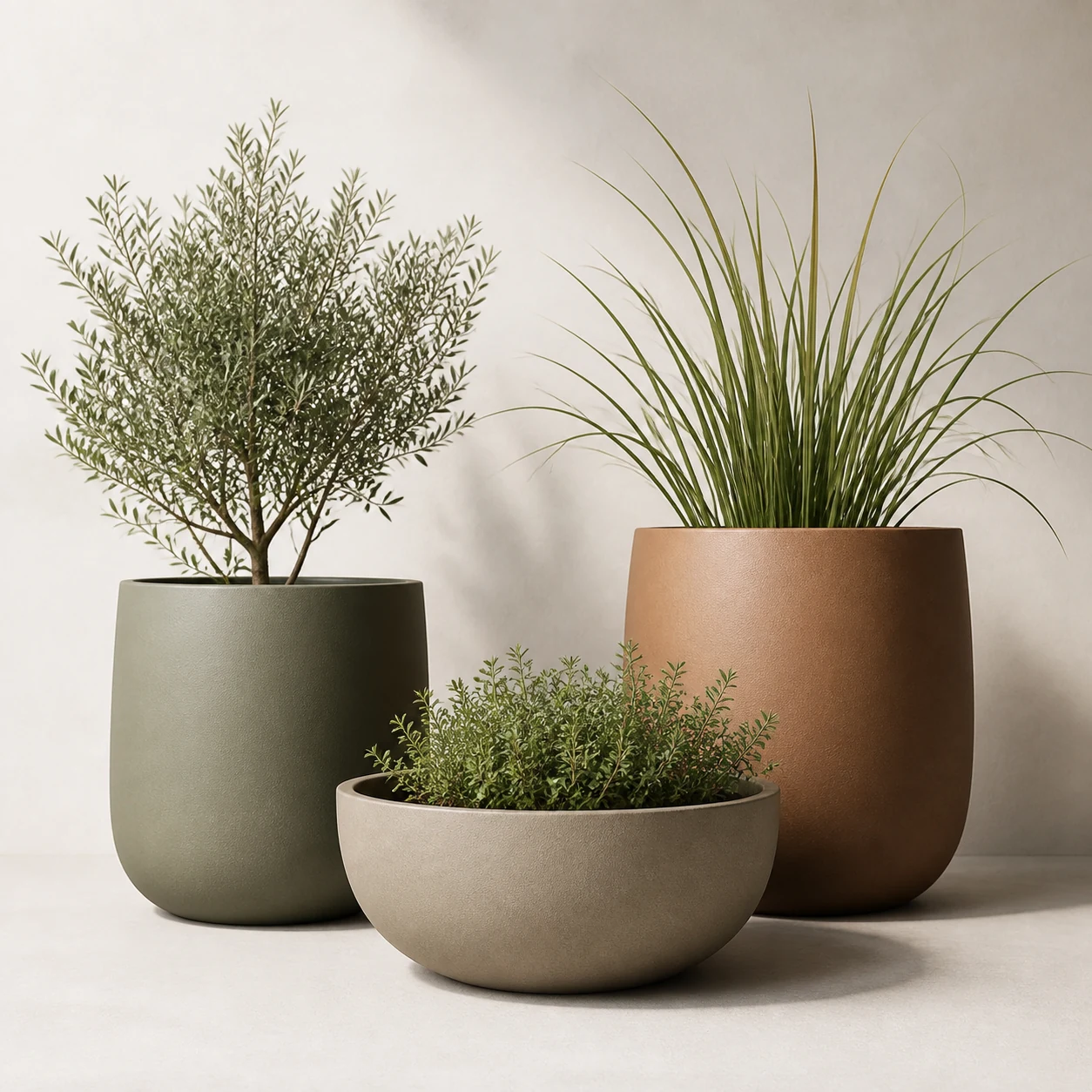 Three architectural planters with olive tree, grass, and herbs