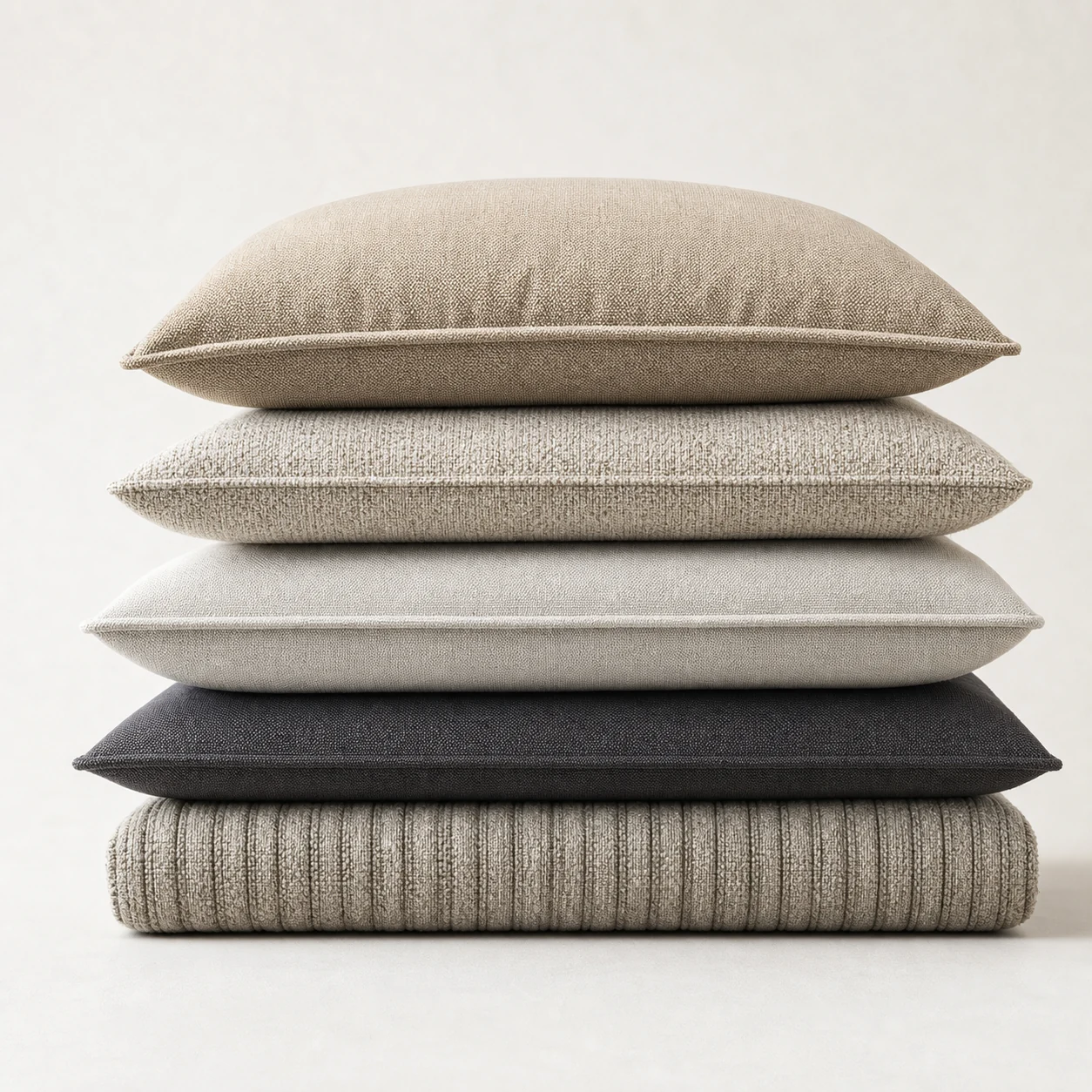 Stack of neutral outdoor fabric cushions in beige, gray, and charcoal