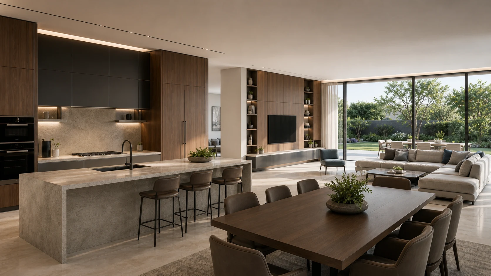Open-plan residence with walnut kitchen cabinetry, dining table, and garden-facing living area