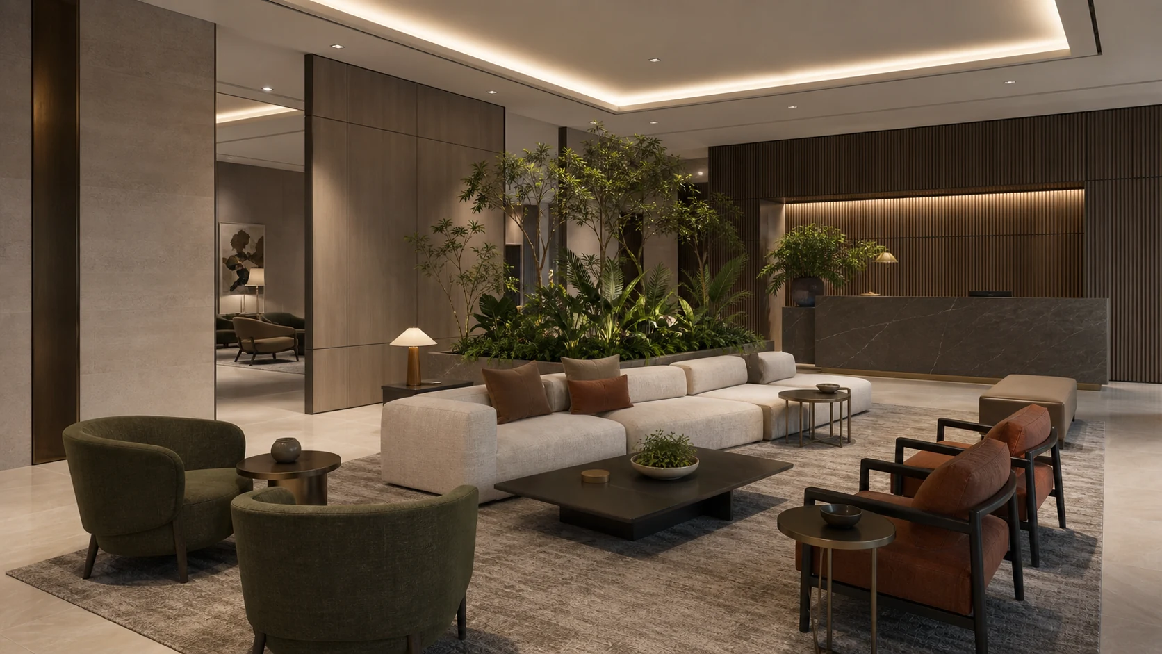 Boutique hotel lobby with neutral sofas, dark wood finishes, and indoor planting
