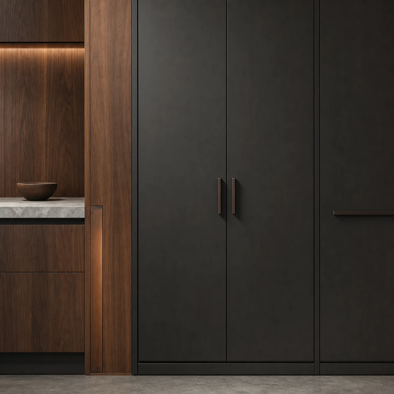 Dark cabinetry wall with integrated wood niche and stone shelf