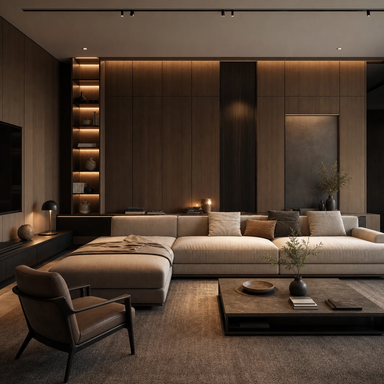 Residential living room with modular sofa, dark wood storage, and display shelving