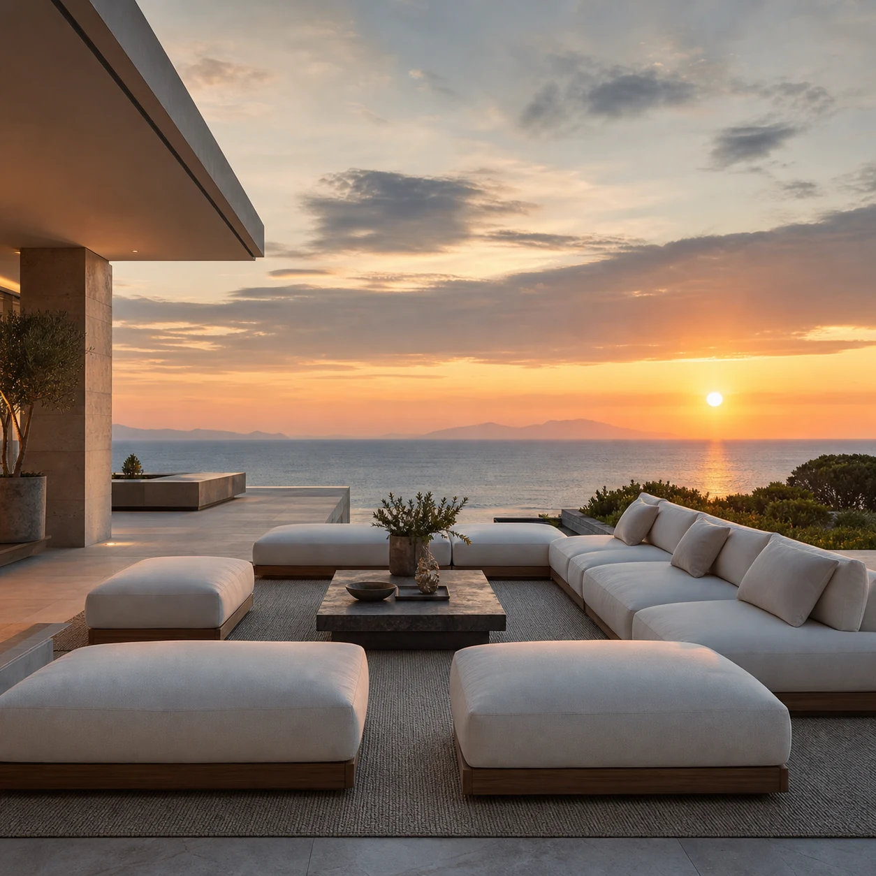 Outdoor terrace with modular seating overlooking the sea at sunset
