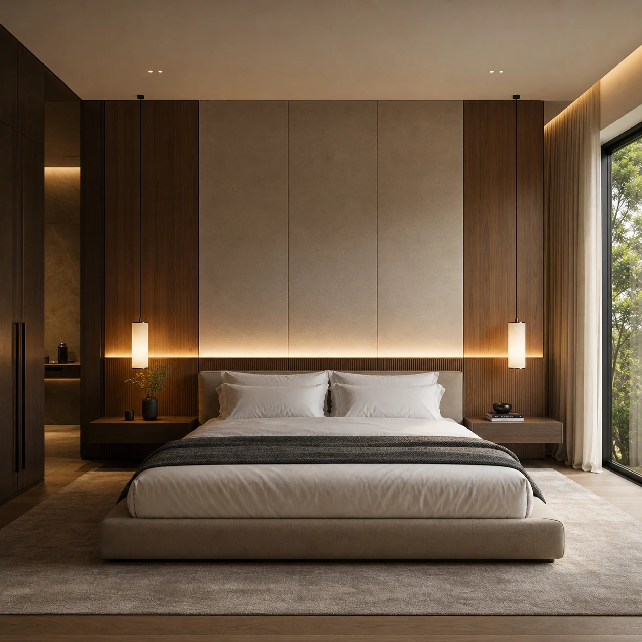 Bedroom with upholstered bed, integrated wood headboard, and bedside lighting