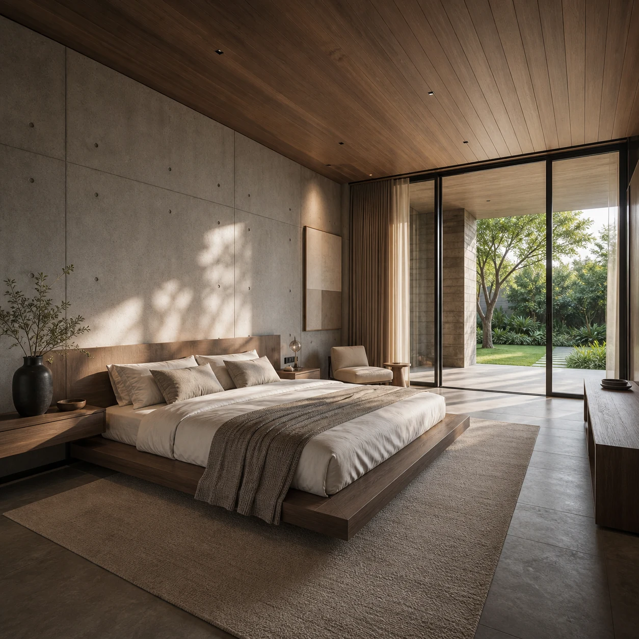 Villa bedroom with concrete walls, wood ceiling, and garden-facing bed