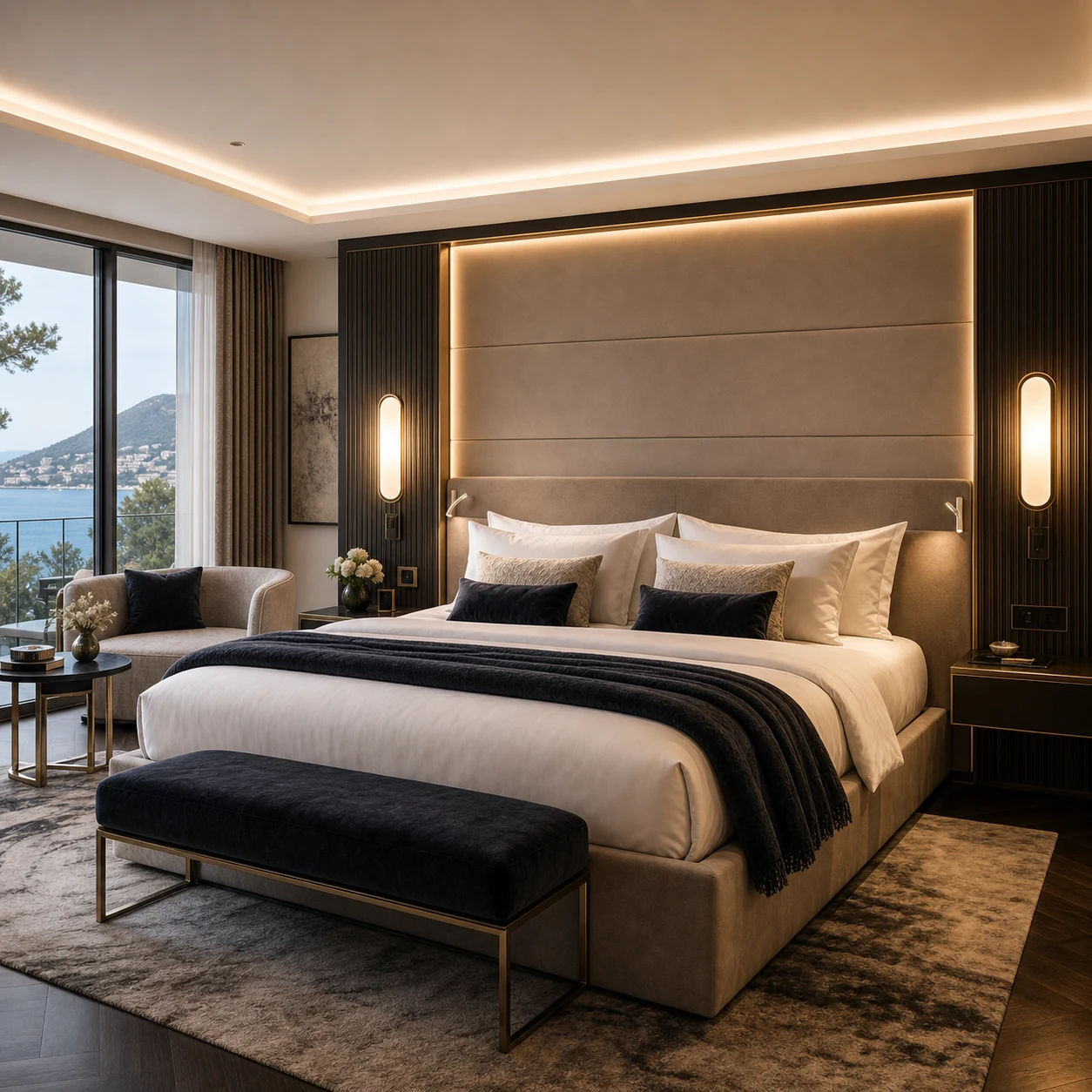 Hotel junior suite with wraparound headboard and integrated lighting