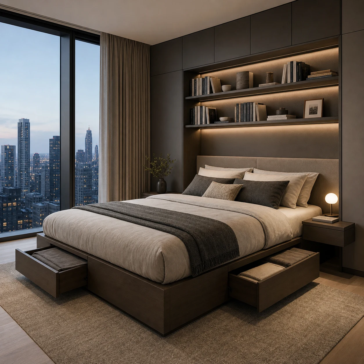Urban apartment bedroom with integrated storage bed and city view