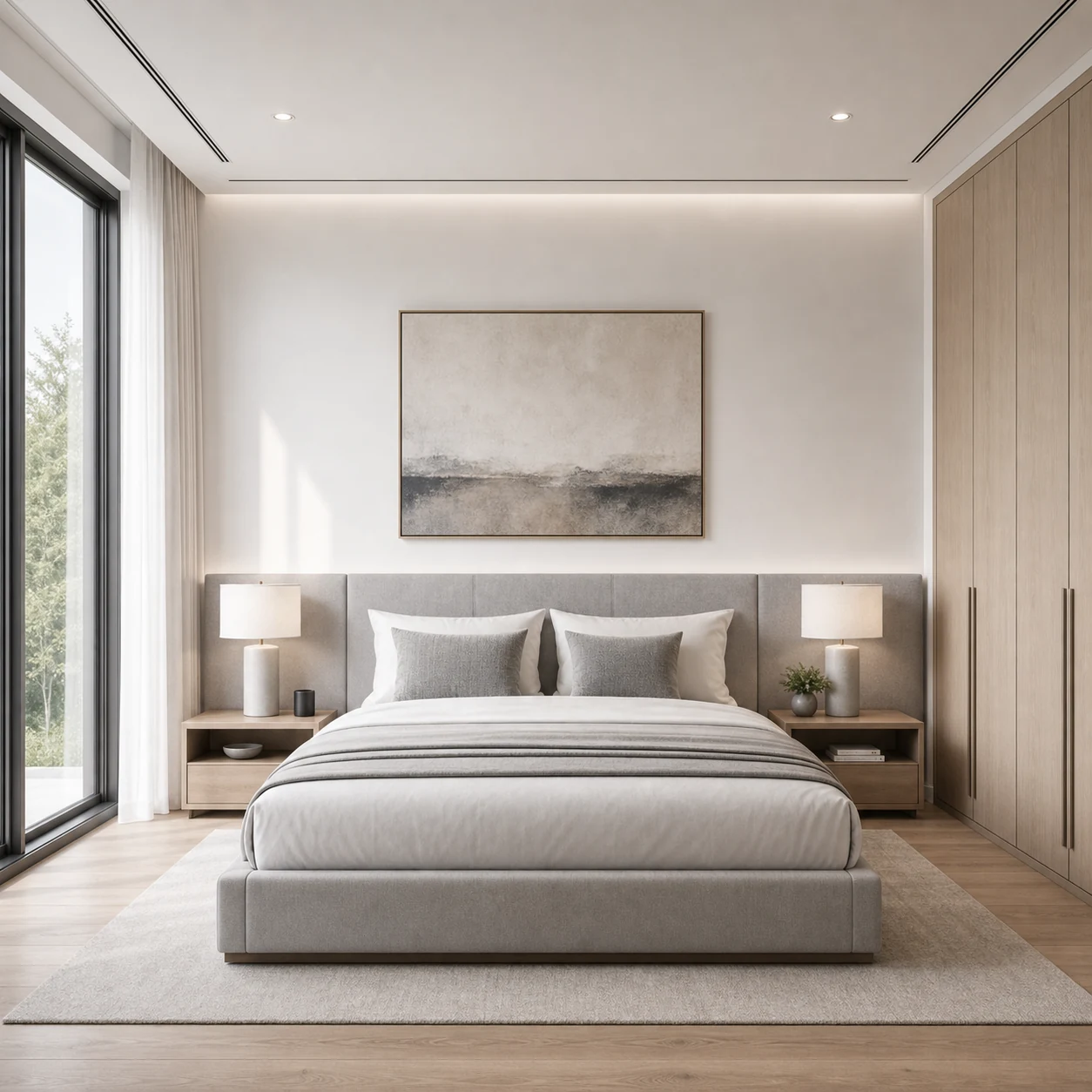 Coordinated residential bedroom with upholstered bed and consistent finishes