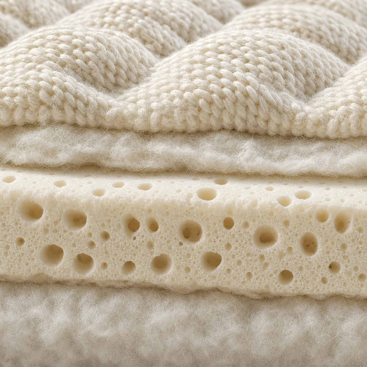 Close-up of woven textile and layered latex material for a sleep system