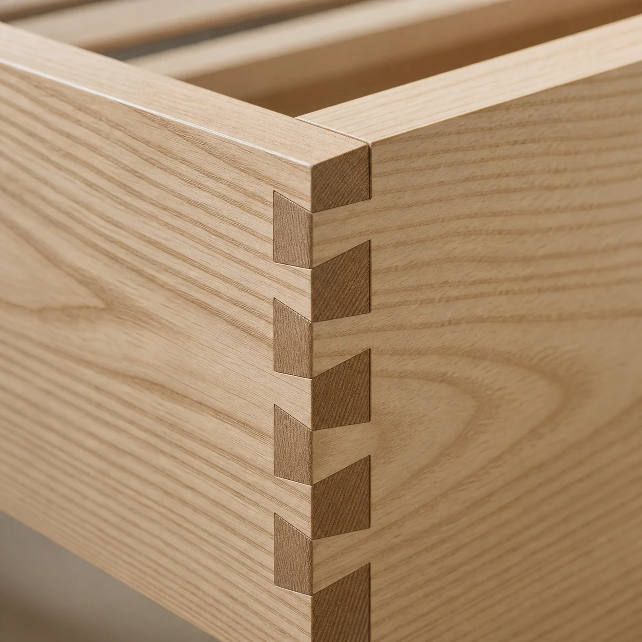 Ash wood dovetail joint detail in a solid bed frame