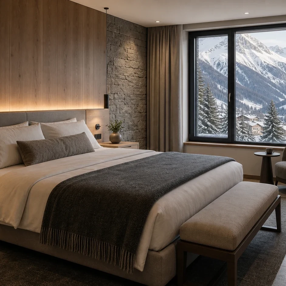 Alpine hotel guest room with wood, stone, and wool bedding