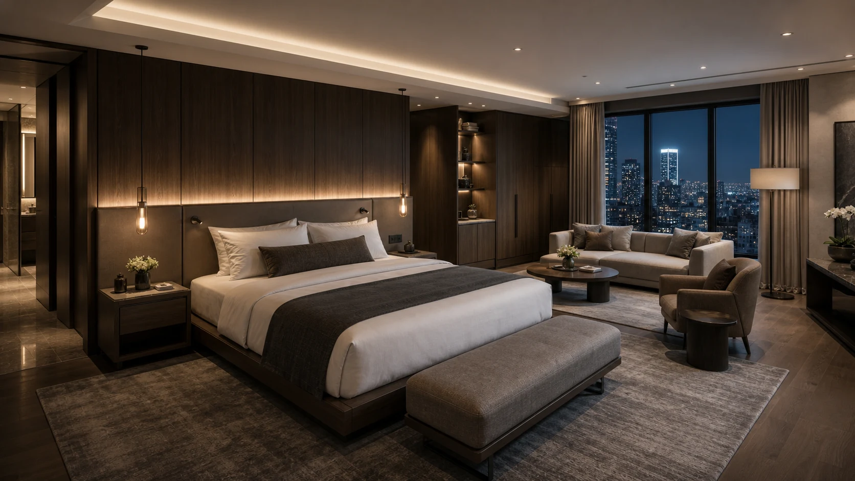 Hotel suite with dark wood panels, seating area, and raised sleep system