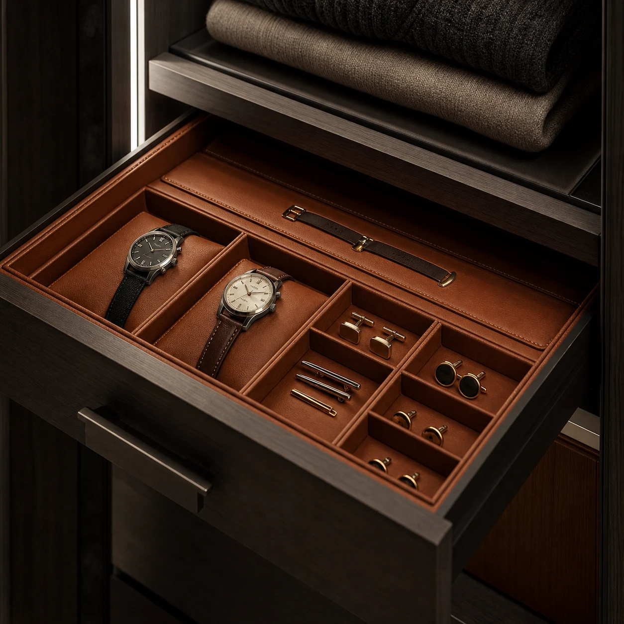 Cognac leather-lined drawer detail in a custom wardrobe system