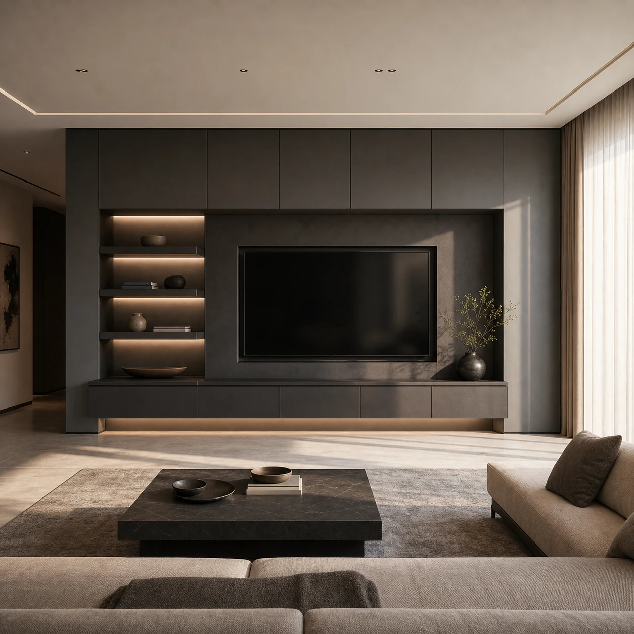 Charcoal media wall with integrated storage in a modern living room