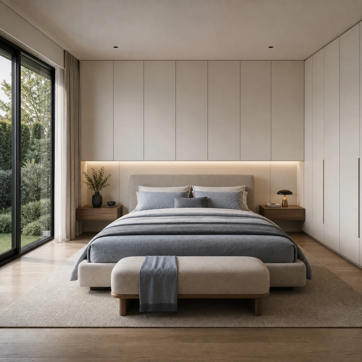 Off-white wardrobe wall with integrated bedroom storage