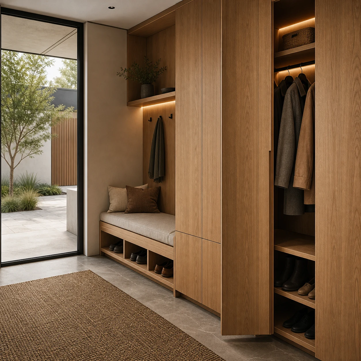 Oak entryway storage with bench, cabinets, and open shelving